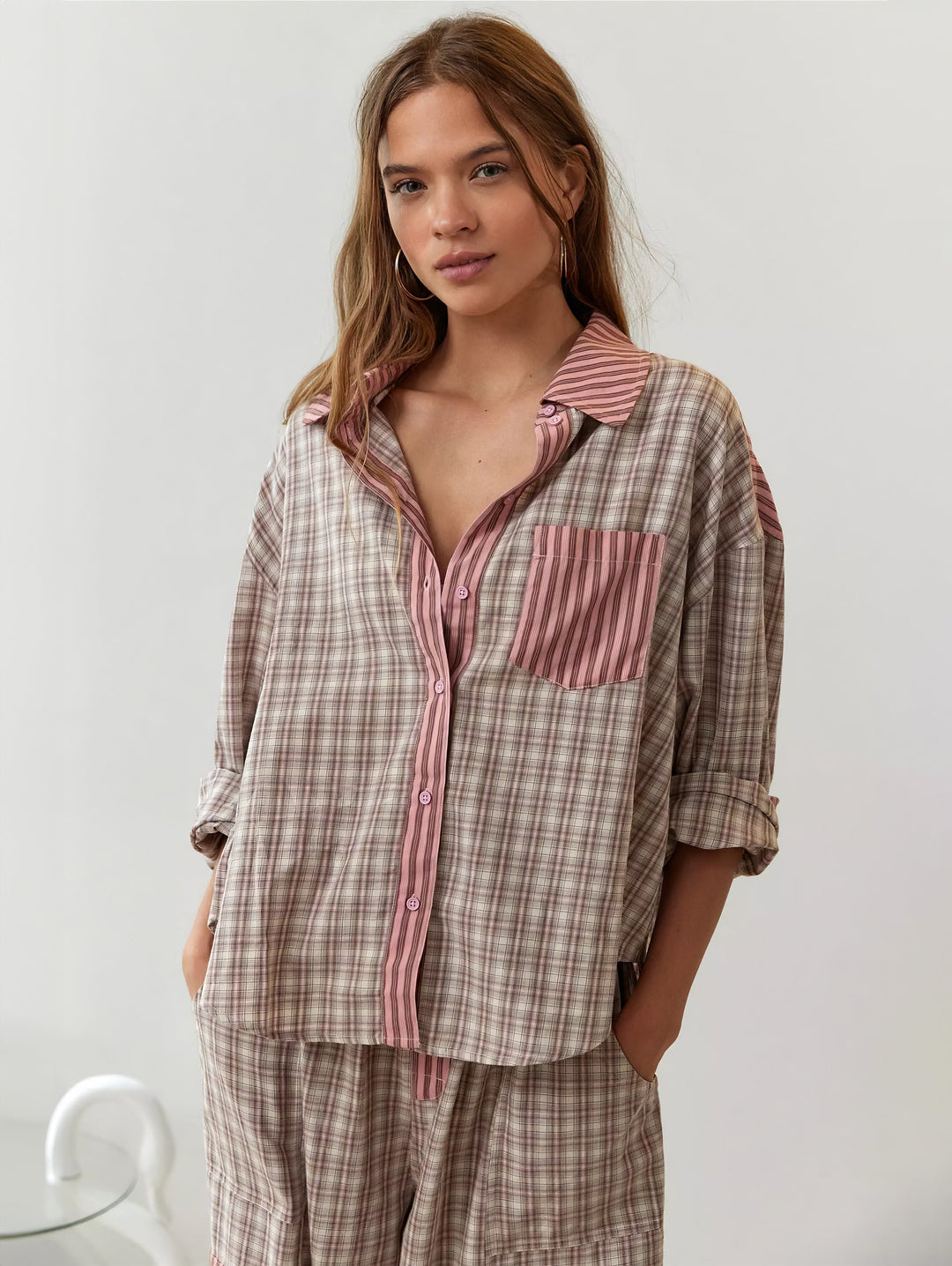 Cassandra | Elegant Striped Button-Up Pajama Set With Plaid Trim