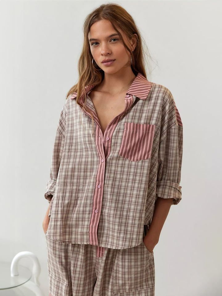Cassandra | Elegant Striped Button-Up Pajama Set With Plaid Trim