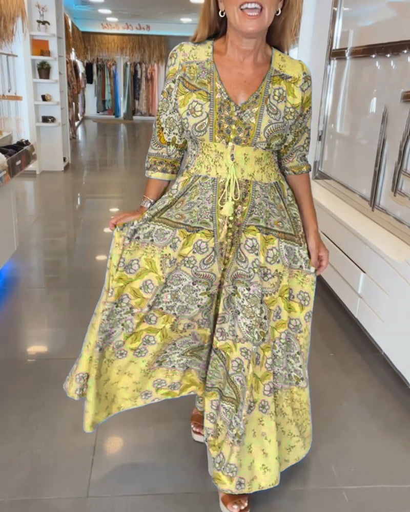 Ruth | Elegant Paisley V-Neck Maxi Dress With Sleeves