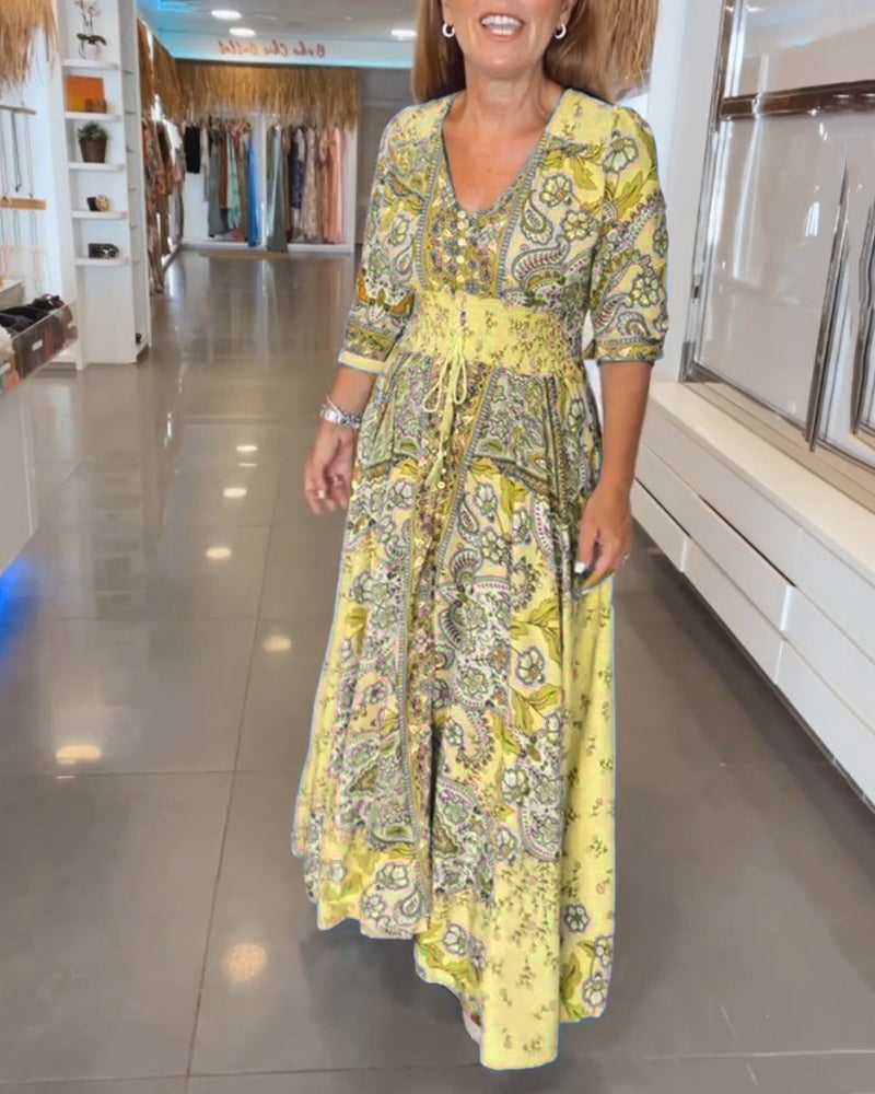 Ruth | Elegant Paisley V-Neck Maxi Dress With Sleeves
