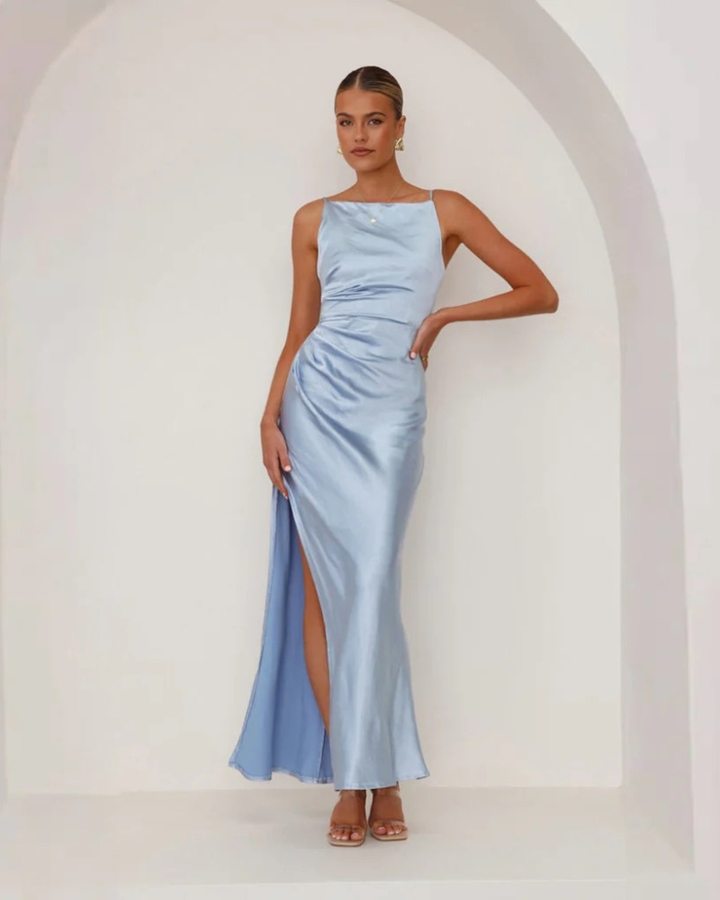 Amara | Elegant Sleeveless Ruched Satin Maxi Dress With Side Slit