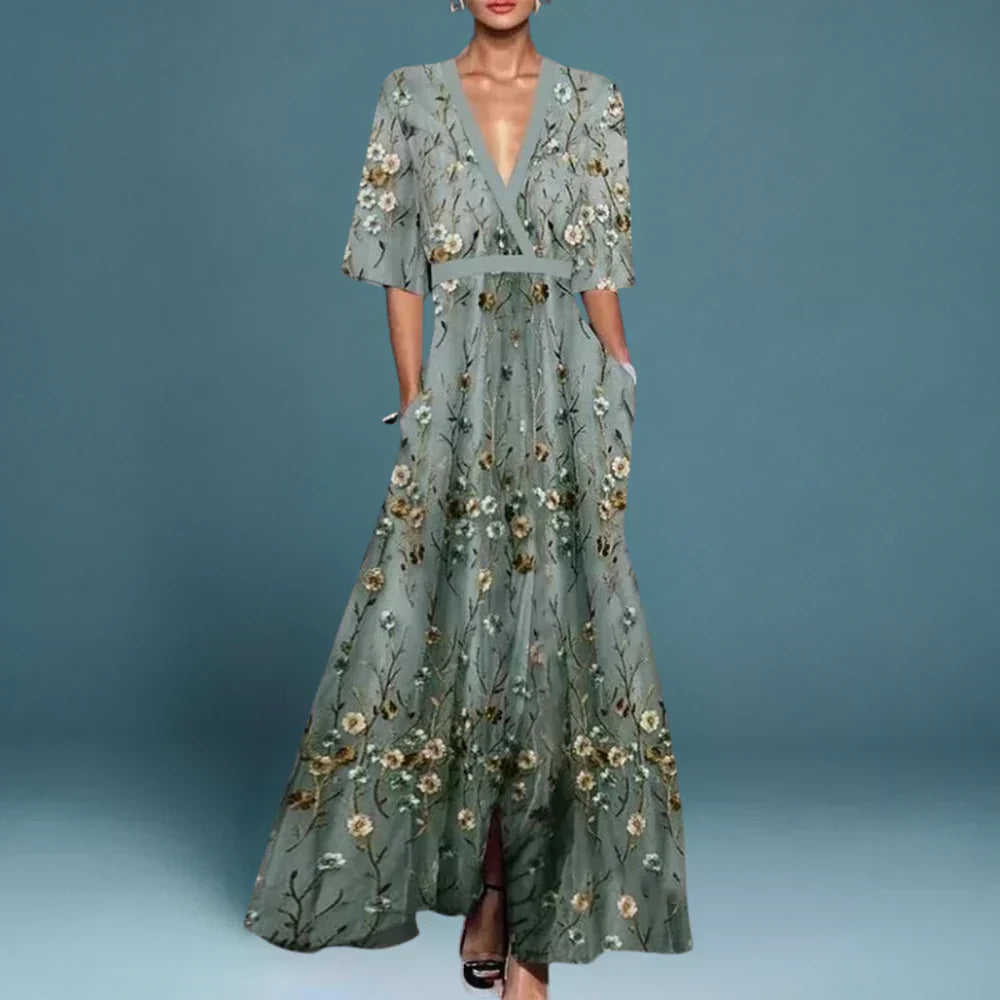 Rosalynn | Elegant V-Neck Floral Embroidered Maxi Dress