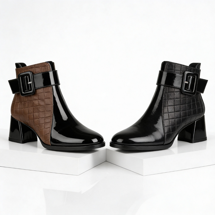 Margot | Chic Patent Leather Block Heel Ankle Boots With Quilted Detail