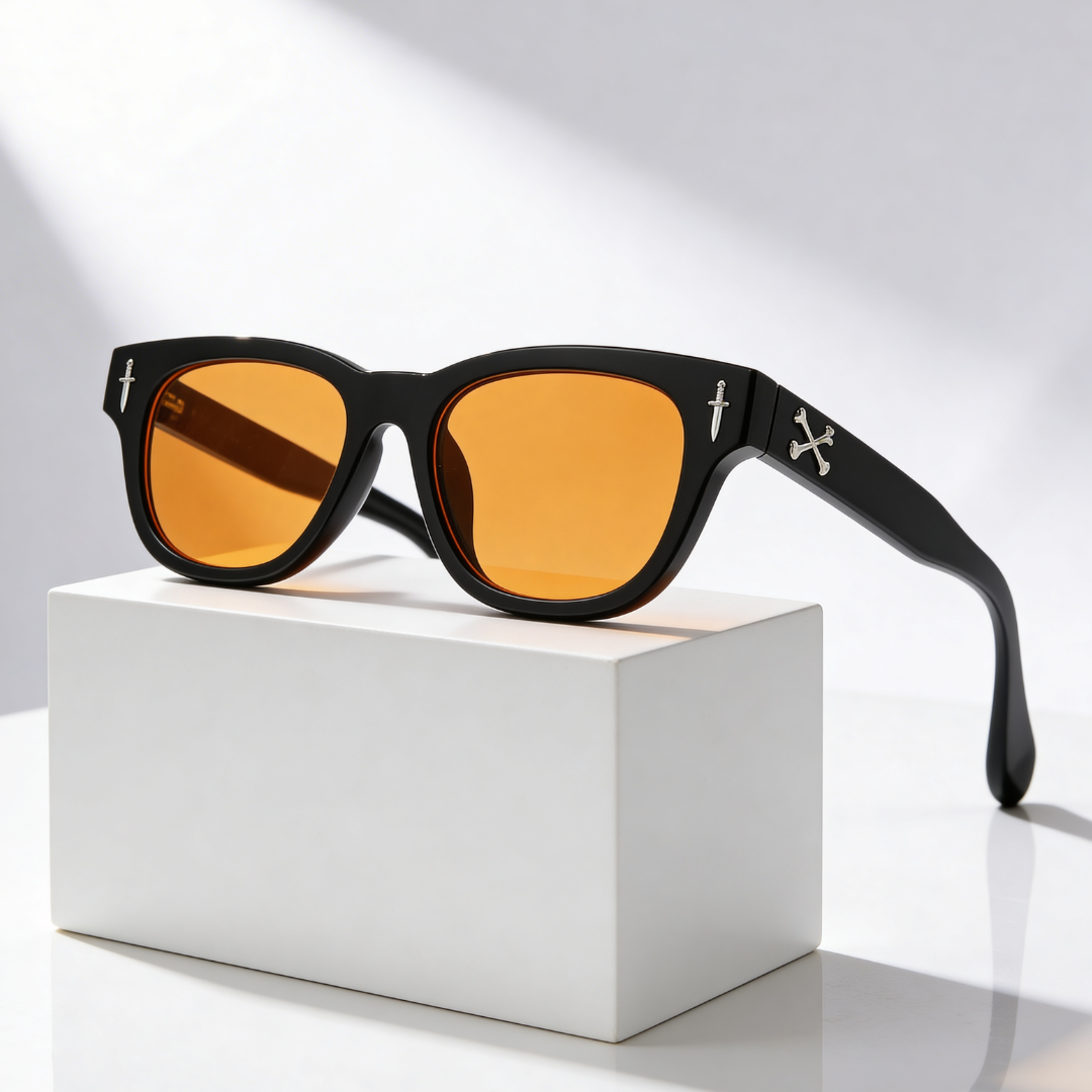 Elise | Sleek Cross Detail Retro Sunglasses With Orange Lens