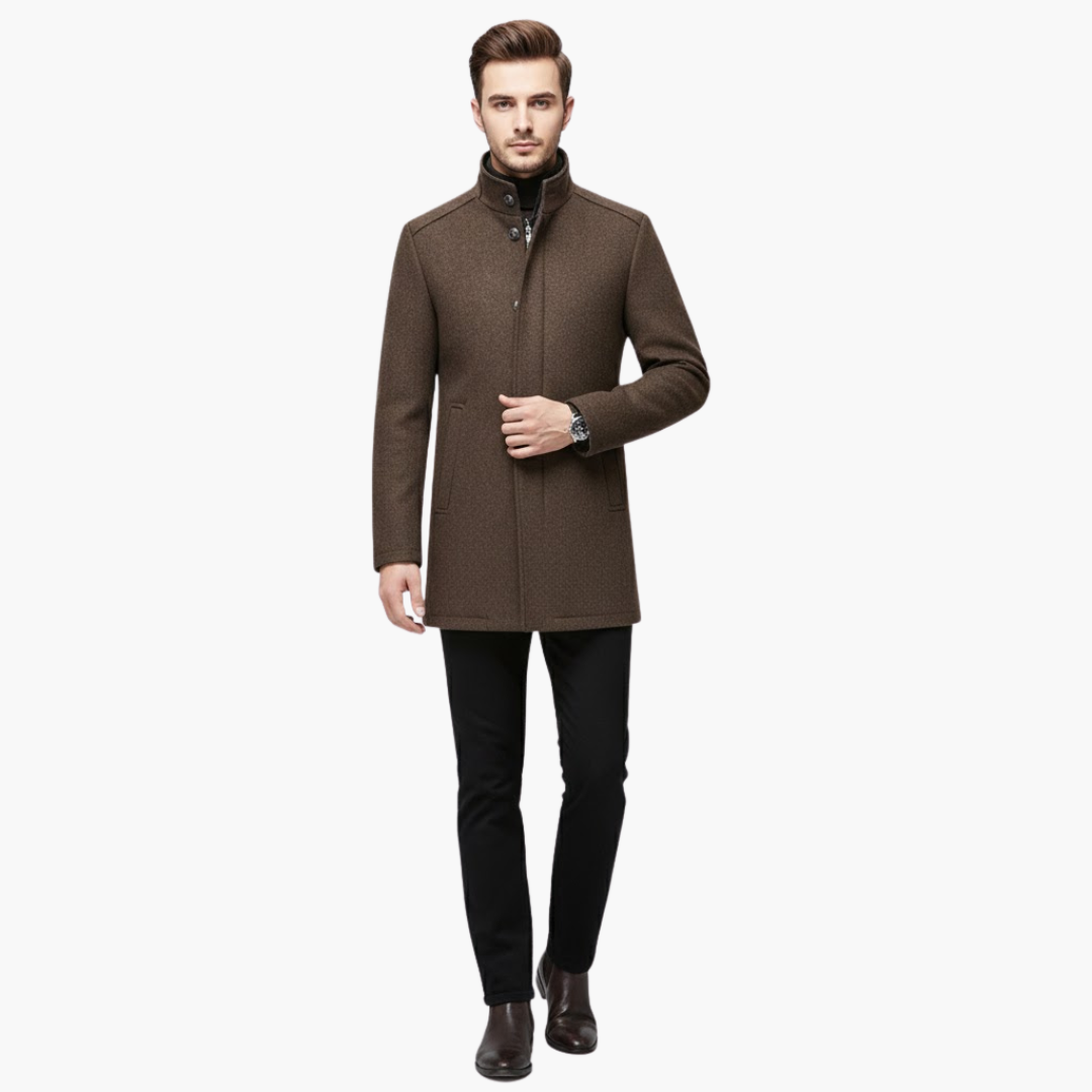 Phoebe | Elegant Men's Brown Wool Overcoat With Stand Collar