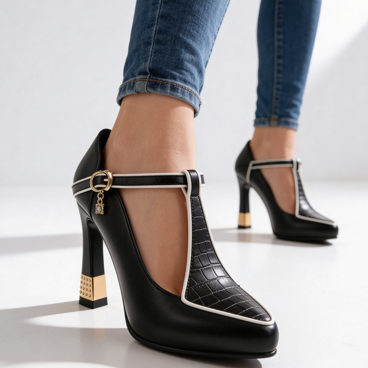 Ruby | Elegant Black T-Strap Block Heels With Gold Accents