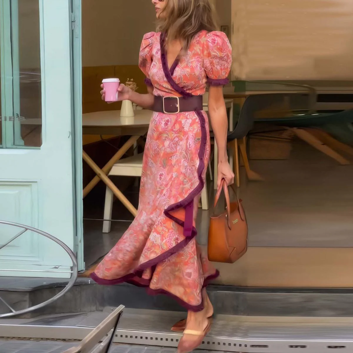 Scarlett | Elegant Wrap V-Neck Floral Maxi Dress With Puff Sleeves