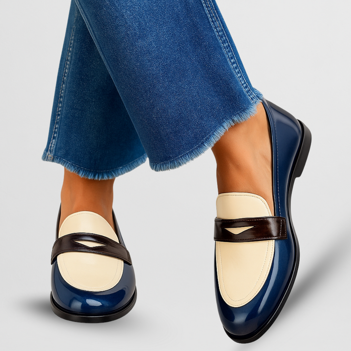 Elyse | Chic Two-Tone Round Toe Penny Loafers With Flat Sole