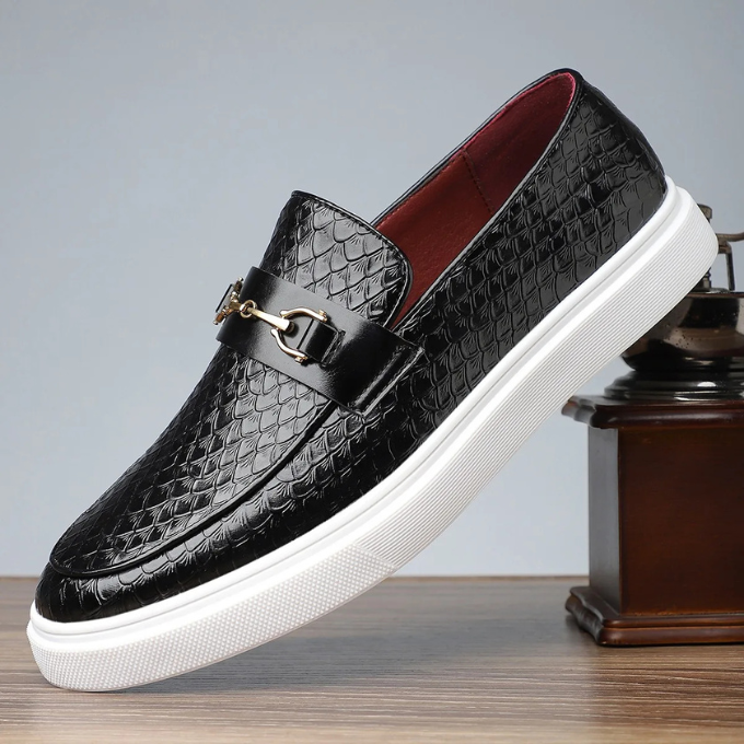 Elyse | Sleek Black Snake Print Loafers With Gold Buckle Detail