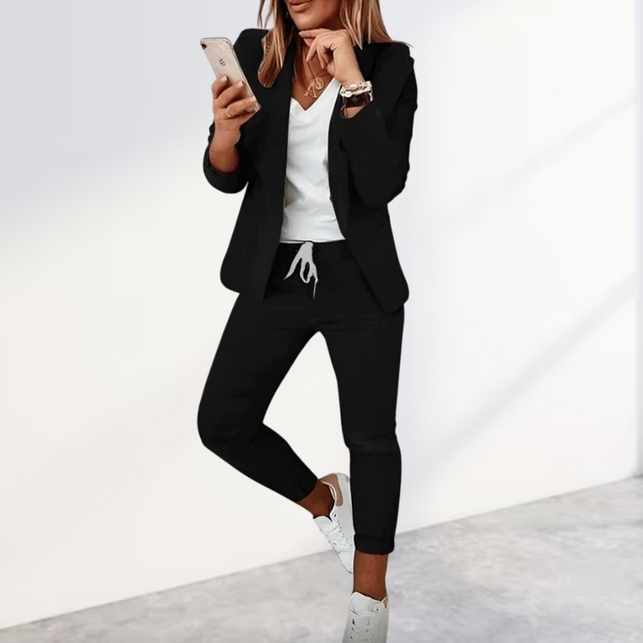 Tessa | Chic Black Blazer Jogger Set With White V-Neck
