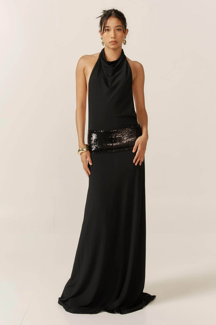 Adele | Elegant Black Halter Sequin Waist Maxi Gown