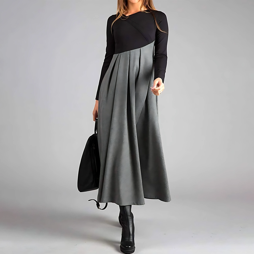Thea | Elegant Colorblock Pleated Long Sleeve Maxi Dress