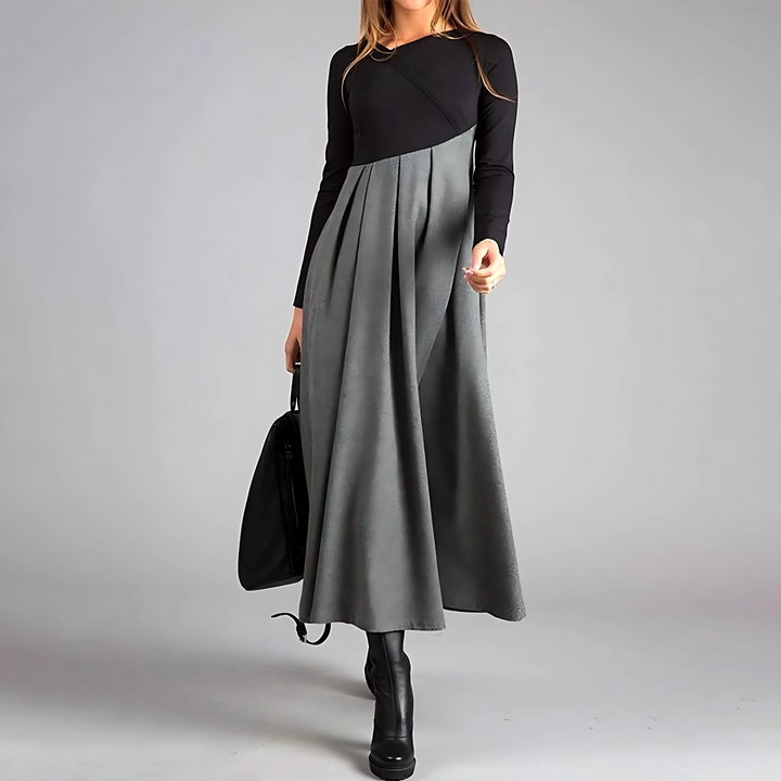 Thea | Elegant Colorblock Pleated Long Sleeve Maxi Dress