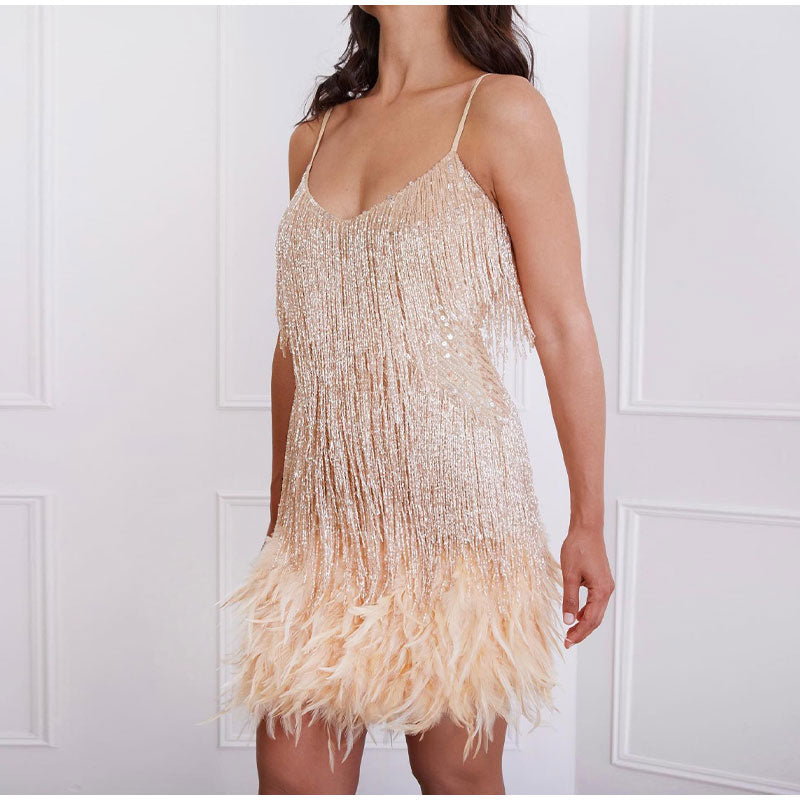 Chloe | Elegant White Fringe Mini Dress With Feather Details