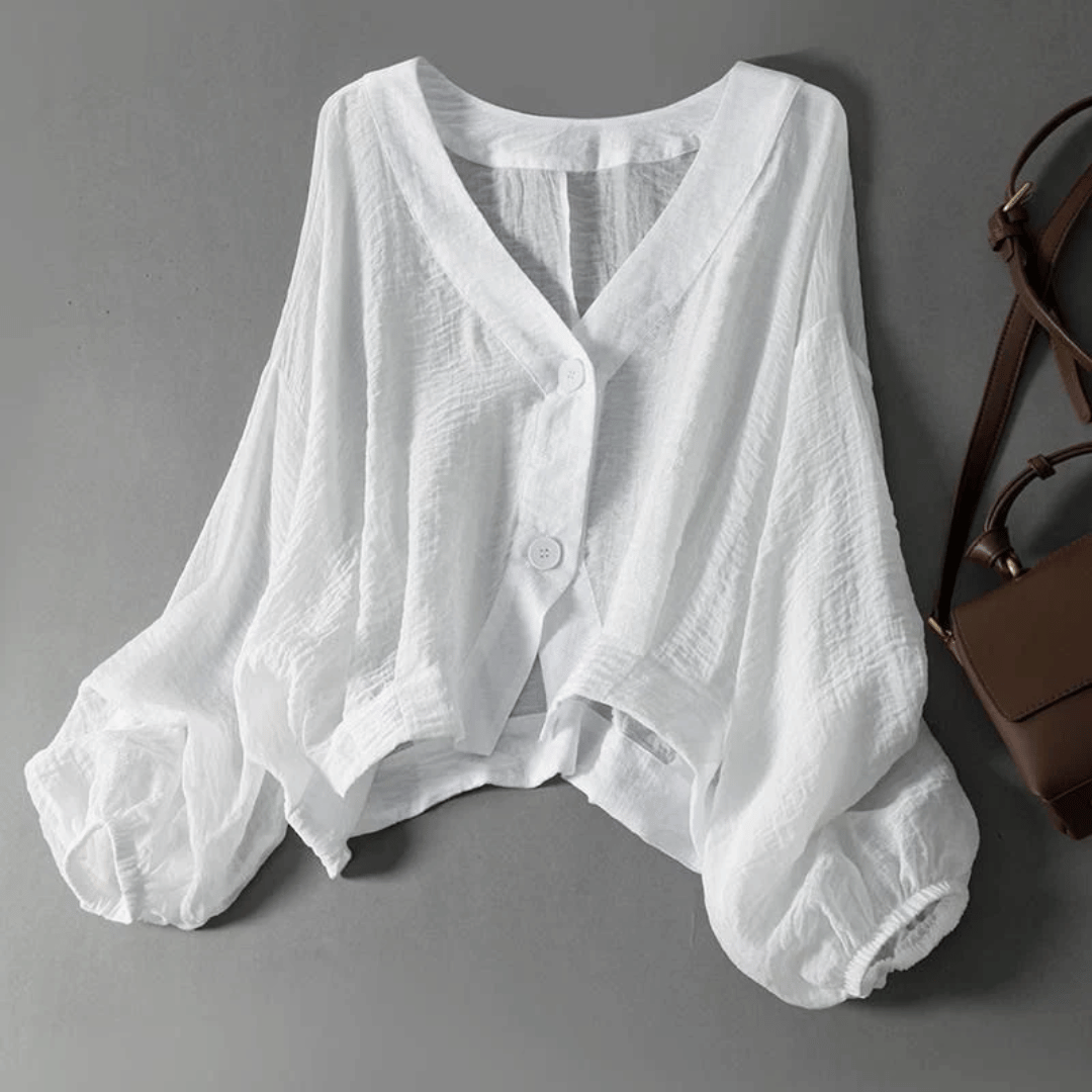 Margot | Elegant White Linen V-Neck Batwing Sleeve Blouse