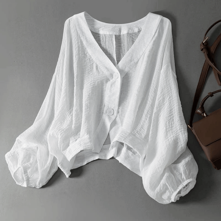 Margot | Elegant White Linen V-Neck Batwing Sleeve Blouse