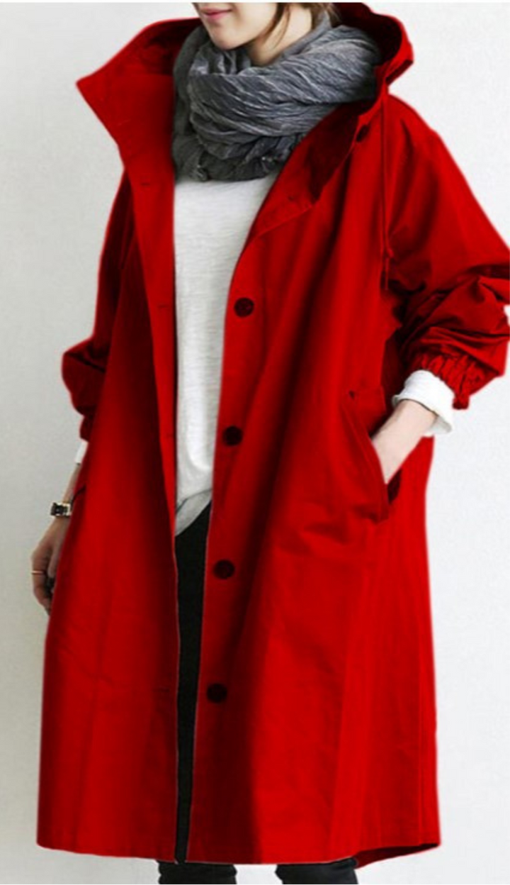 Sanne | Elegant Hooded Long Trench Coat With Tie Belt