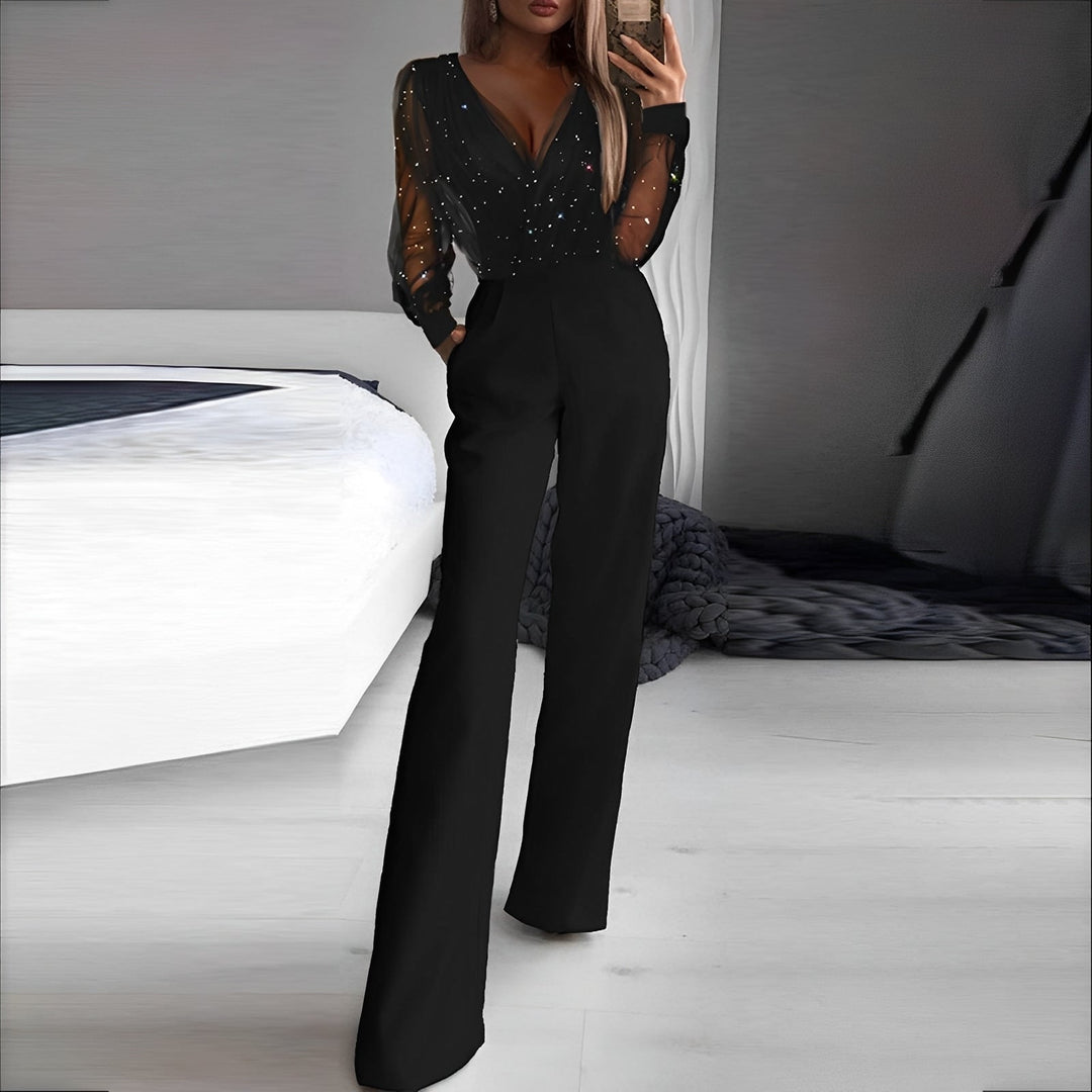 Elyse | Elegant V-Neck Wide Leg Sequin Mesh Sleeve Jumpsuit