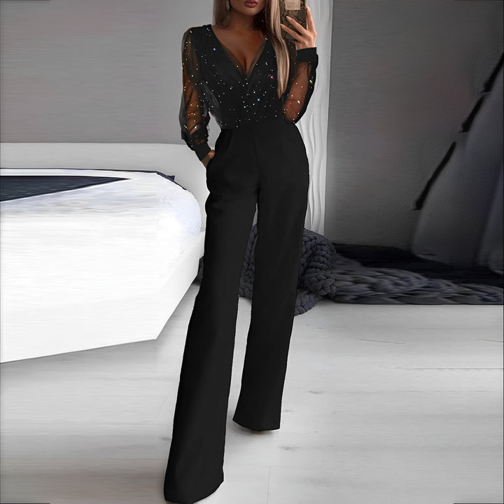 Elyse | Elegant V-Neck Wide Leg Sequin Mesh Sleeve Jumpsuit