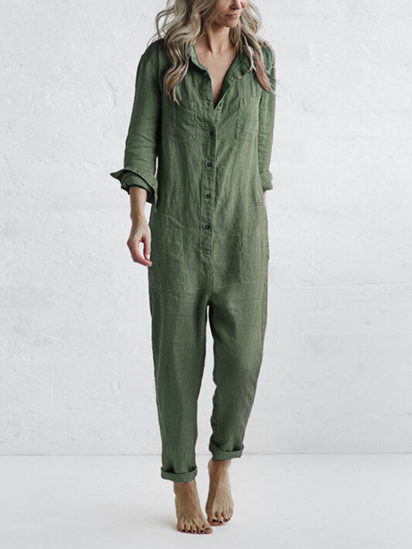 Evelyn | Elegant Button Front Long Sleeve Linen Jumpsuit