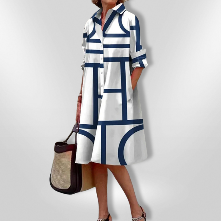 Willa | Chic Geometric Print Midi Shirt Dress With Collared Neckline