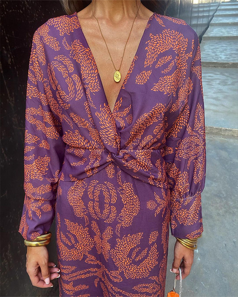Marina | Elegant V-Neck Wrap Midi Dress With Rope Print