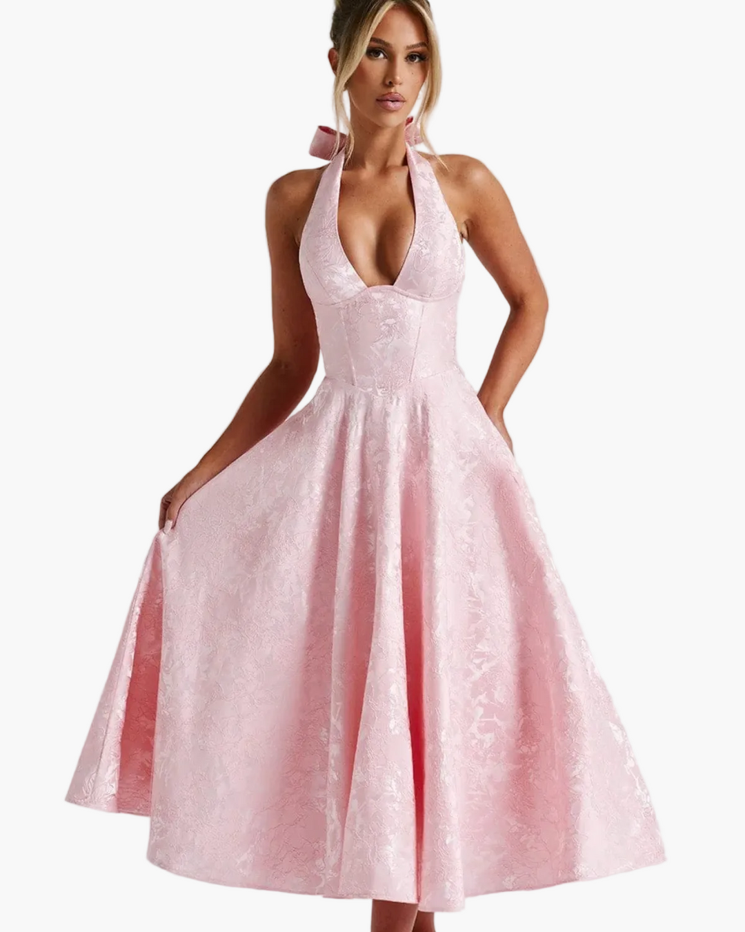 Penelope | Elegant White Halter Midi Dress With Flared Skirt