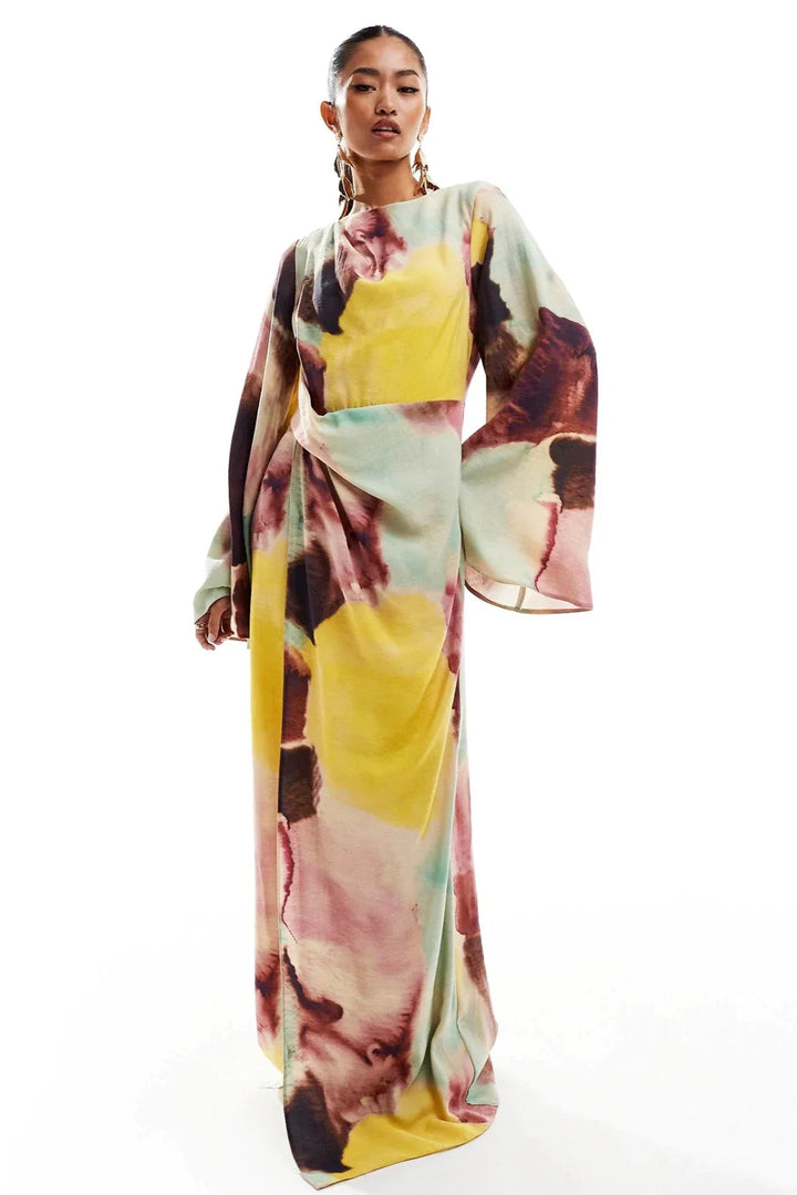 Jacqueline | Elegant Abstract Watercolor Maxi Dress With Flared Sleeves