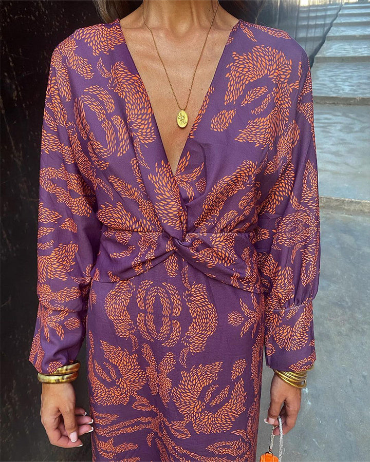 Alina | Elegant Paisley Print Wrap Midi Dress With Long Sleeves