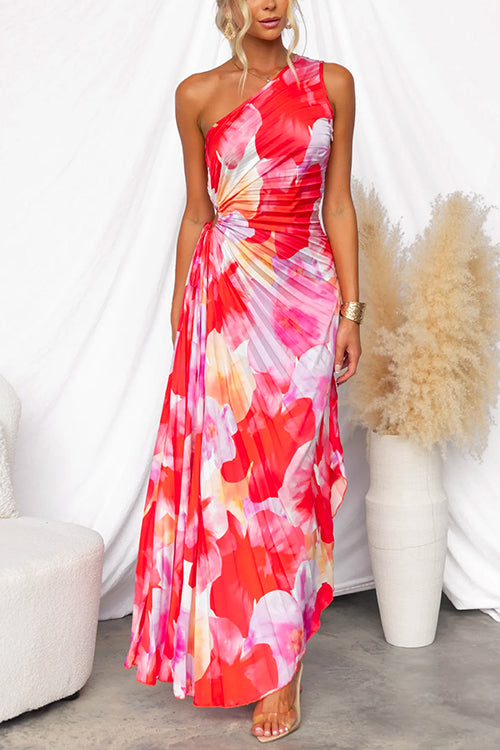 Camille | Elegant One-Shoulder Pleated Printed Maxi Dress