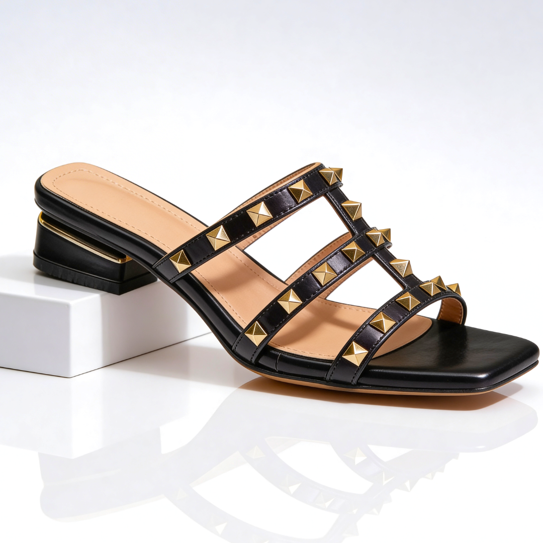 Odette | Chic Studded Block Heel Sandals With Square Toe