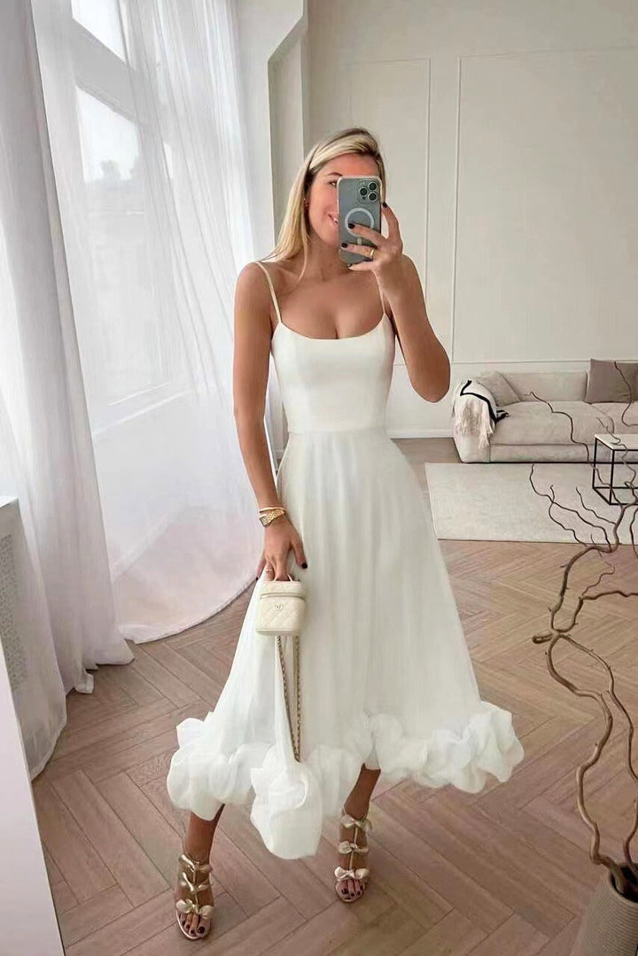 Camille | Chic Spaghetti Strap Ruffle Midi Dress
