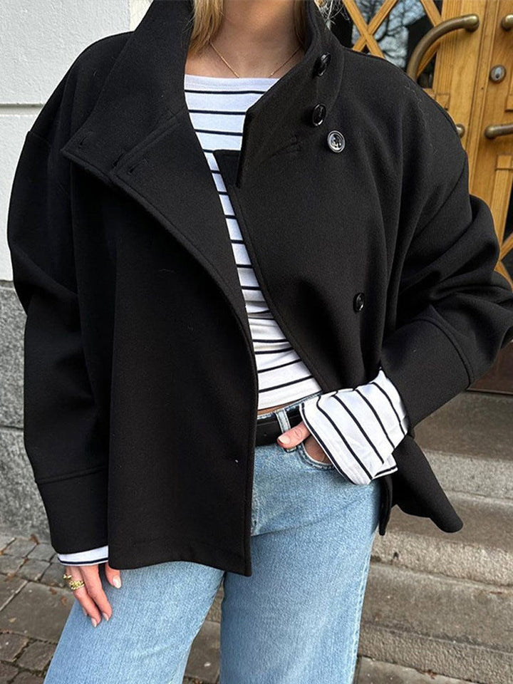 Penelope | Elegant Navy Button Front Cropped Coat With High Collar
