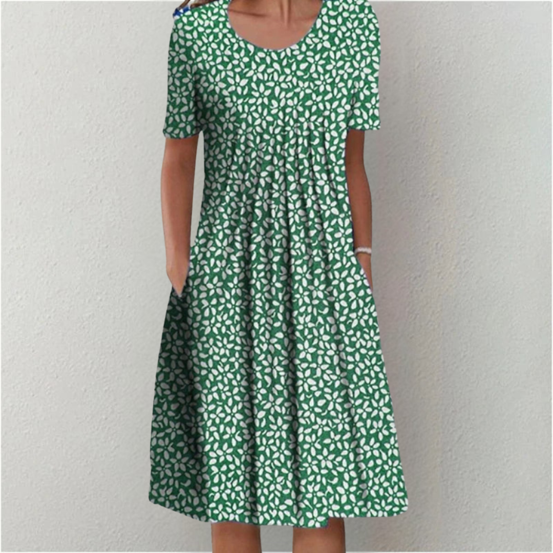 Sybil | Elegant Floral A-Line Midi Dress With Short Sleeves