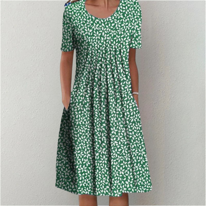 Sybil | Elegant Floral A-Line Midi Dress With Short Sleeves