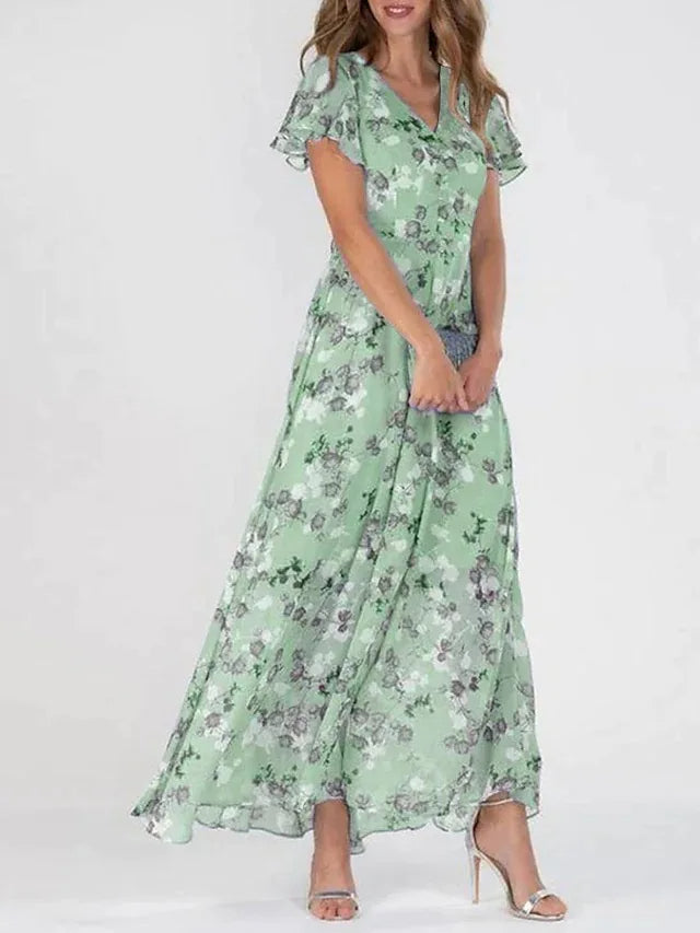Margot | Elegant V-Neck Flutter Sleeve Floral Maxi Dress