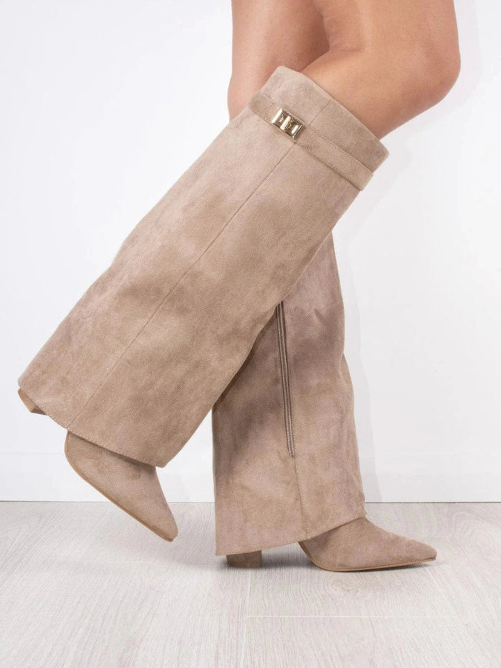 Ruby | Elegant Black Suede Knee-High Boots With Gold Hardware