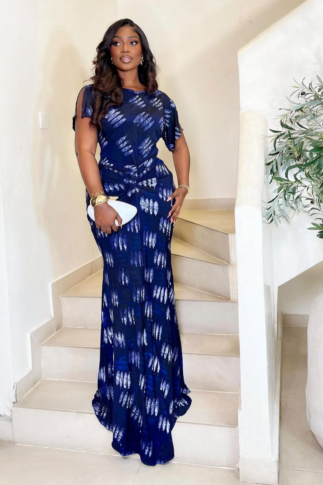 Tabitha | Elegant Navy Feather Print Ruched Maxi Dress