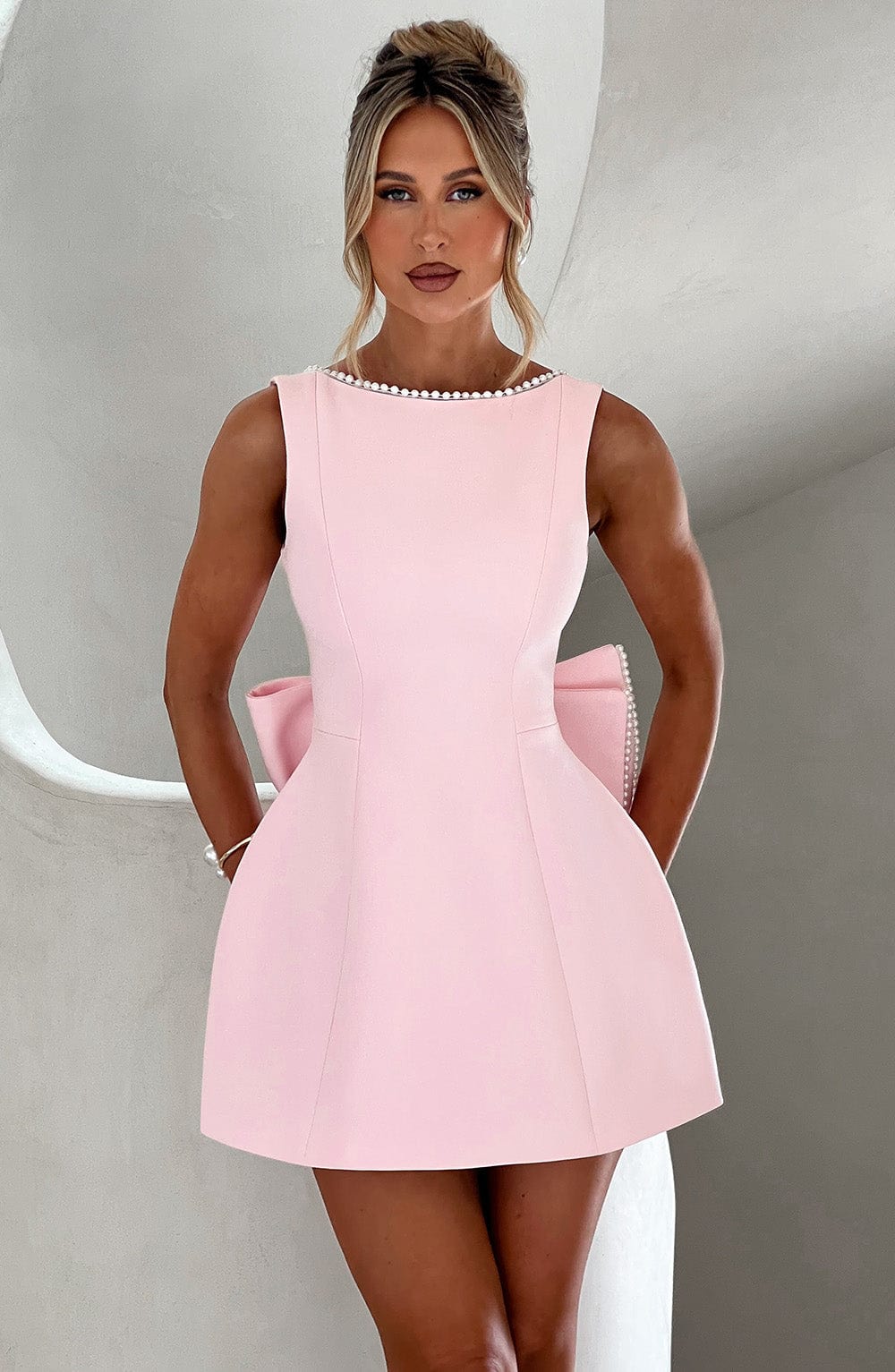 Rosemary | Elegant Pearl Trim A-Line Mini Dress With Pockets