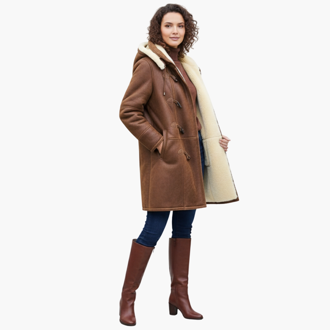 Freya | Stylish Faux Shearling Duffle Coat With Hood And Toggle Closures