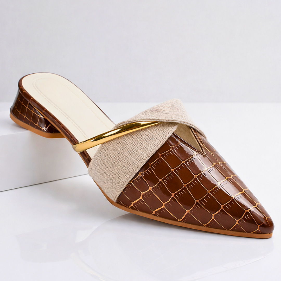 Odette | Chic Pointed Toe Croc-Embossed Mules With Gold Accent