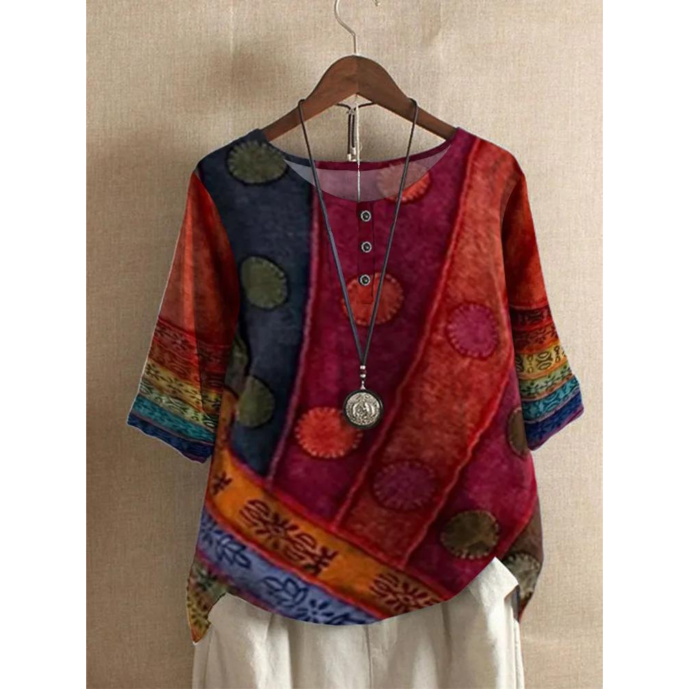 Rhea | Stylish Patchwork Three Quarter Sleeve Colorful Bohemian Top