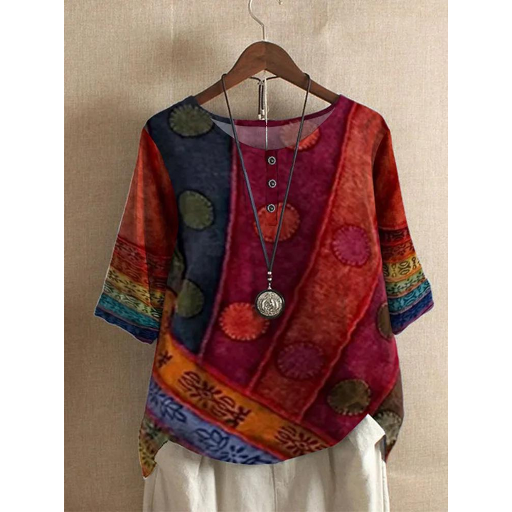Rhea | Stylish Patchwork Three Quarter Sleeve Colorful Bohemian Top