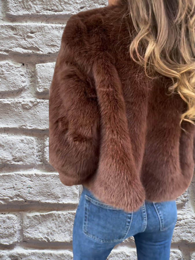Natalie | Luxe Brown Faux Fur Cropped Jacket With Zipper