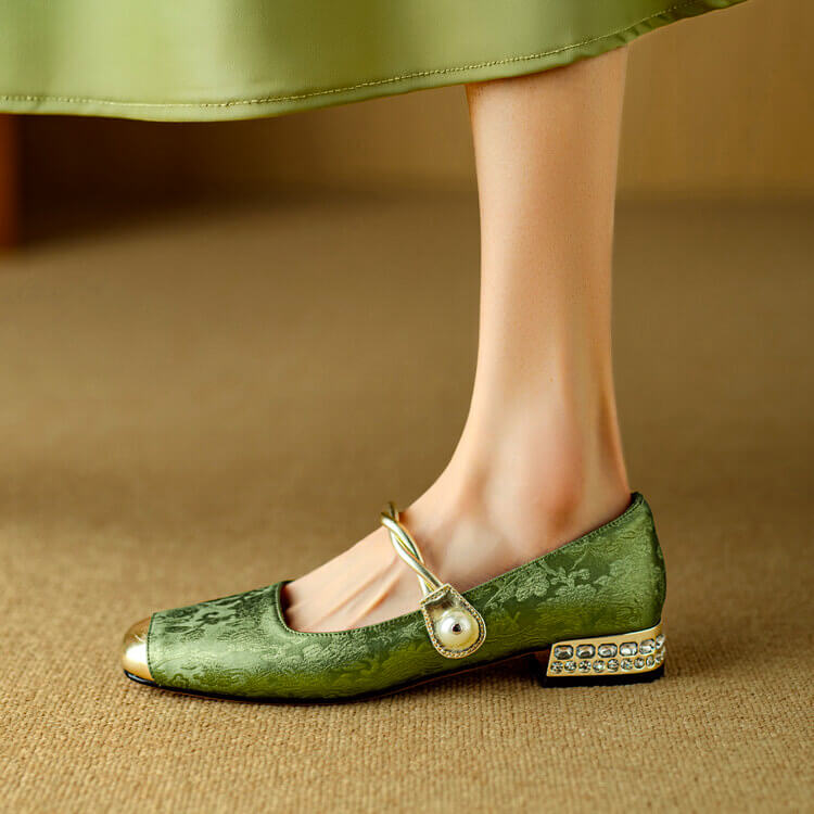 Perla | Elegant Embroidered Mary Jane Flats With Crystal Heel