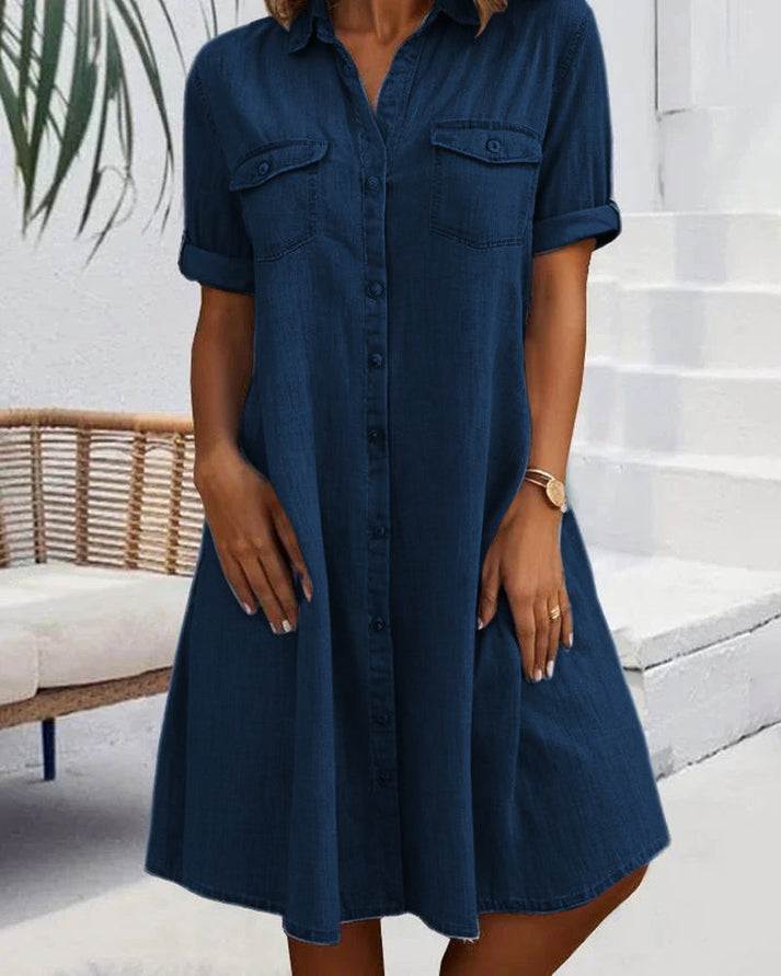 Isla | Chic Button-Up Short Sleeve Denim Shirt Dress