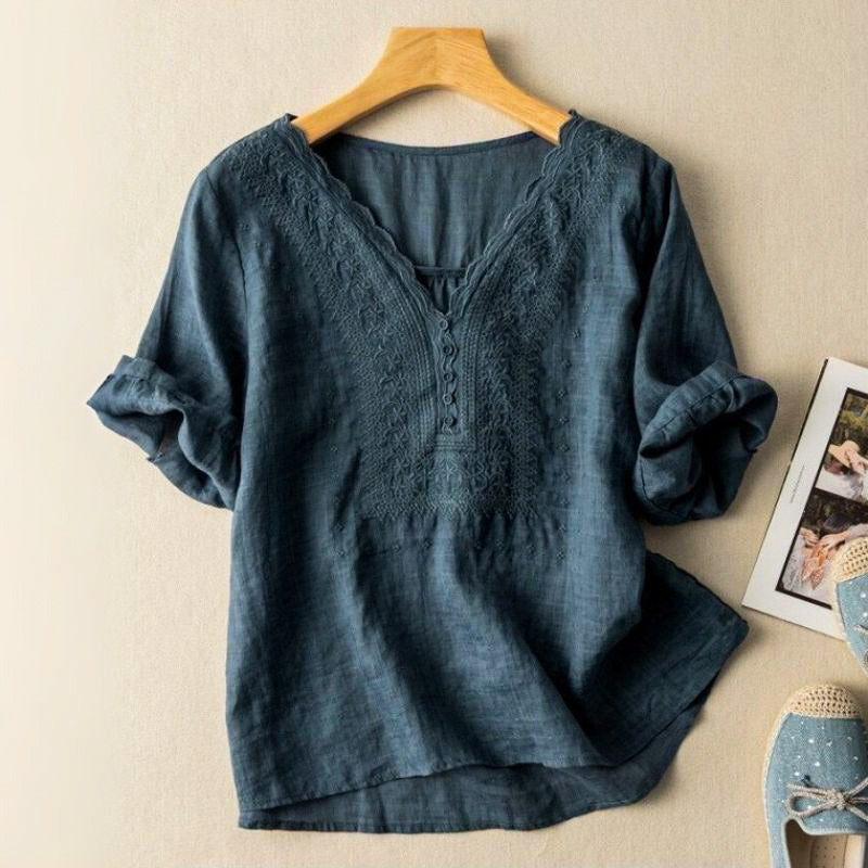 Margot | Elegant Embroidered V-Neck Cotton Linen Blouse