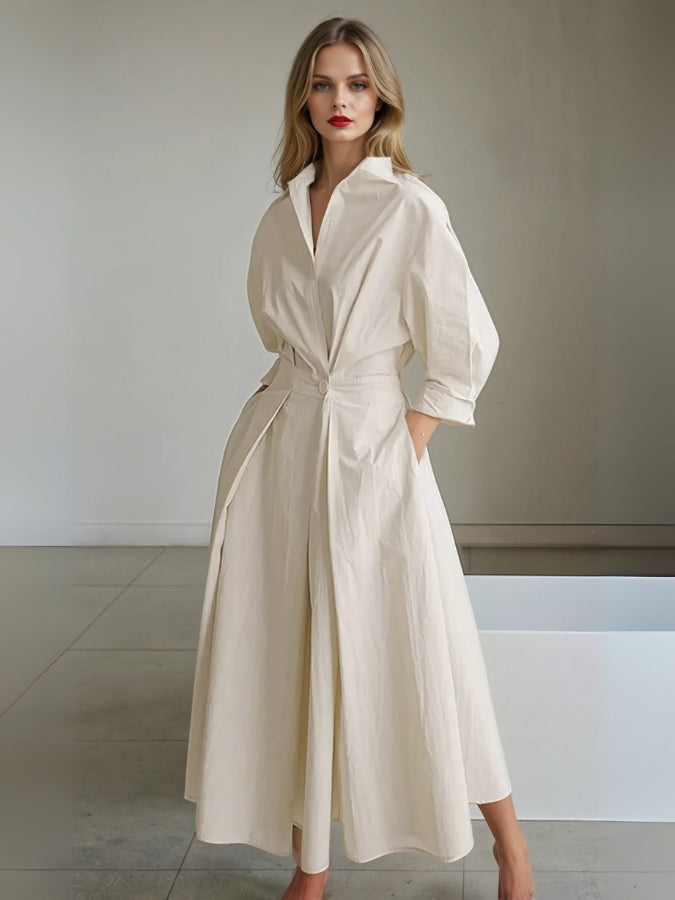 Elyse | Elegant Pleated Maxi Shirt Dress With Belted Waist