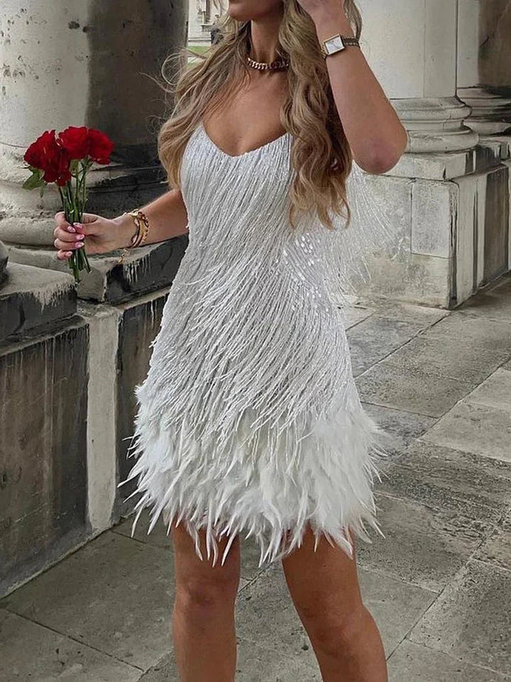 Delilah | Elegant Feathered V-Neck Mini Dress With Fringe Detail