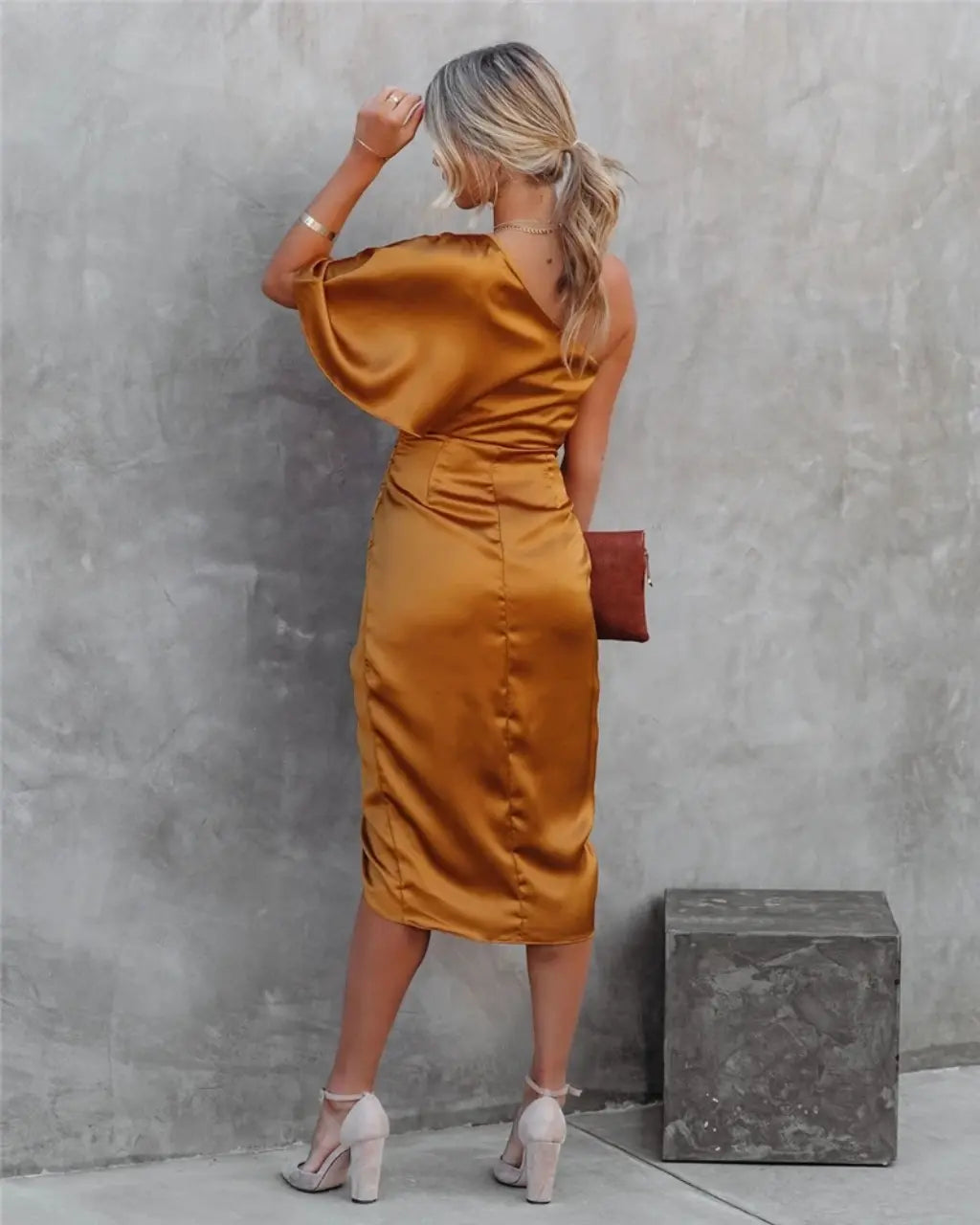 Phoebe | Elegant One Shoulder Ruched Midi Dress